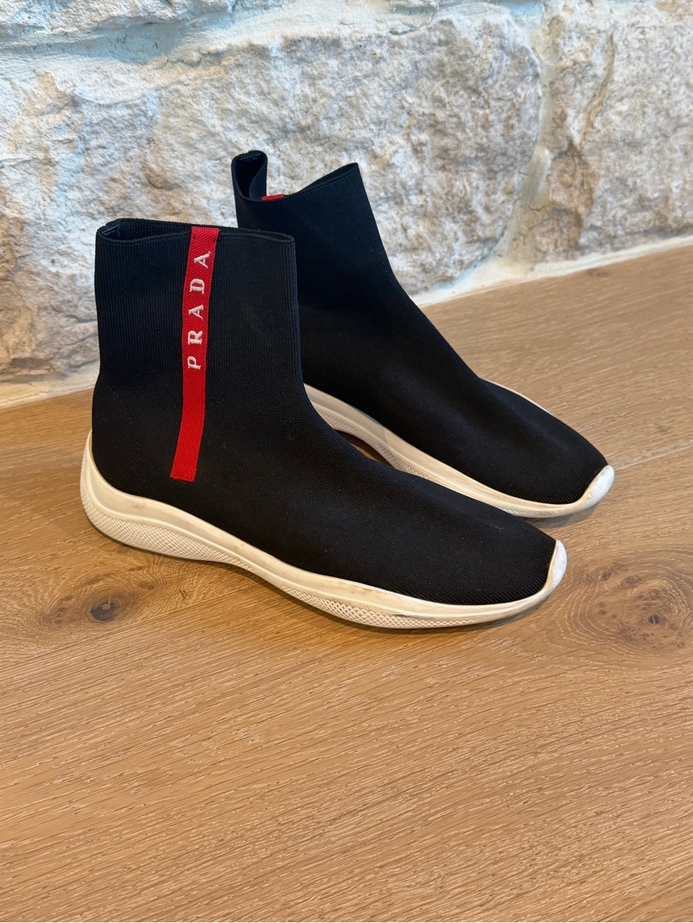 Prada Black Knit Sock Sneakers with Red Logo Tape